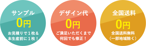 サンプル0円 お見積りで１枚＆本生産前に１枚！デザイン代0円 ご満足いただくまで何回でも修正！全国送料0円 全国送料無料（一部地域除く）